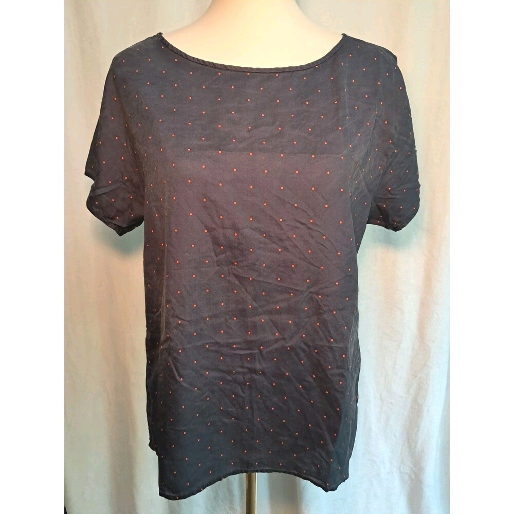 J.Crew Navy Blue Red Polka Dot 100% Silk Short Sleeve Top Boxy Fit Size M